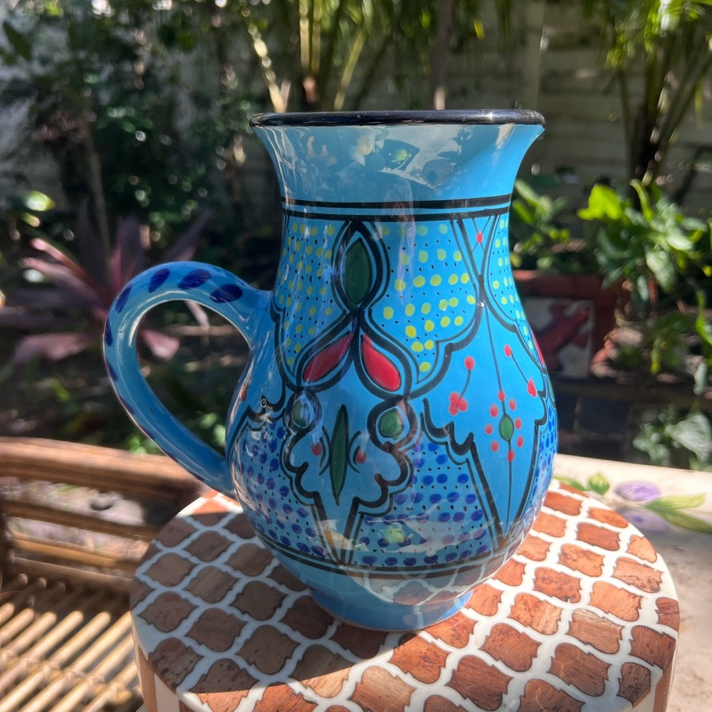 Artisan Blue Patterned Ceramic Pitcher use as flower vase or water jug